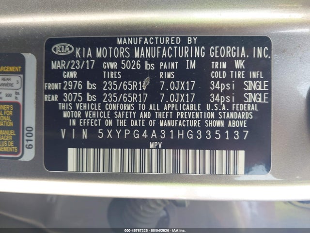 Aukcja sprzedaży 2017 Kia Sorento 2.4l Lx, vin: 5XYPG4A31HG335137, numer aukcji: 45767225