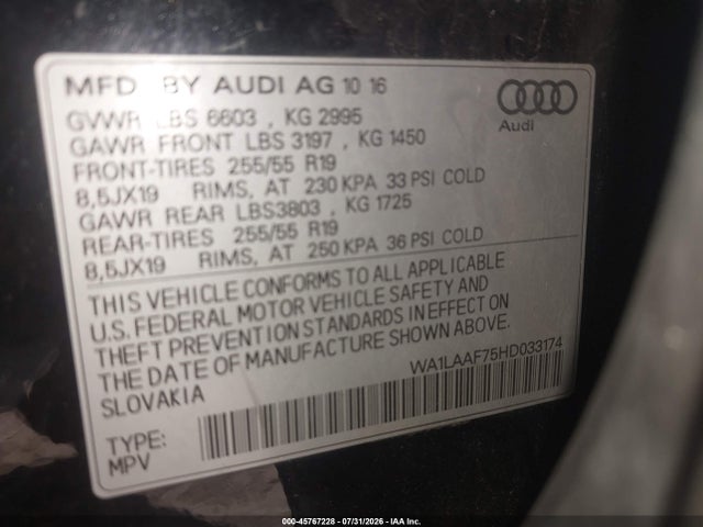 Продажа на аукционе авто 2017 Audi Q7 3.0t Premium, vin: WA1LAAF75HD033174, номер лота: 45767228