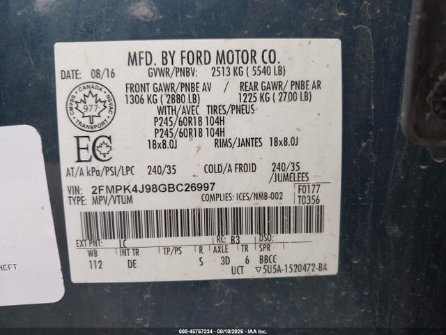45767234 :رقم المزاد ، 2FMPK4J98GBC26997 vin ، 2016 Ford Edge Sel مزاد بيع