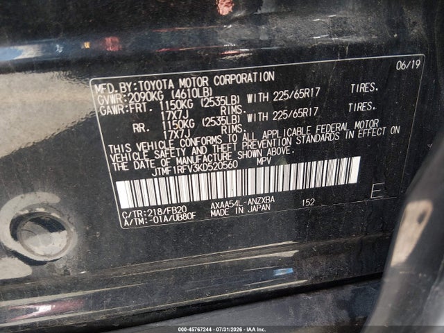 2019 Toyota Rav4 Le მანქანა იყიდება აუქციონზე, vin: JTMF1RFV3KD520560, აუქციონის ნომერი: 45767244