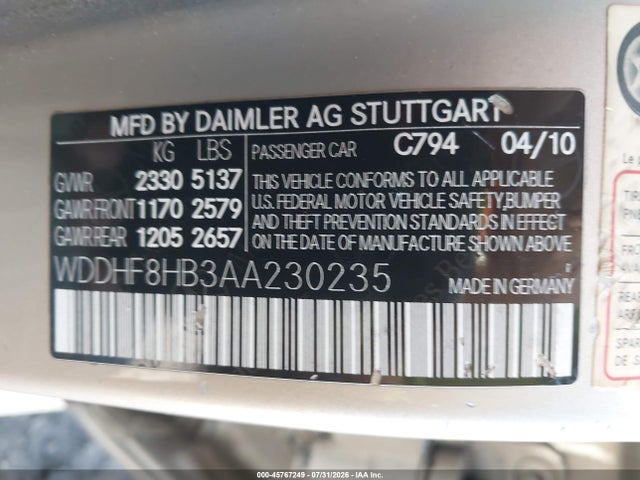 Auction sale of the 2010 Mercedes-benz E 350 4matic, vin: WDDHF8HB3AA230235, lot number: 45767249