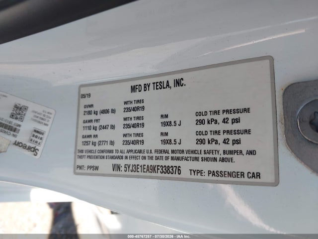 45767257 :رقم المزاد ، 5YJ3E1EA9KF338376 vin ، 2019 Tesla Model 3 Long Range/mid Range/standard Range/standard Range Plus مزاد بيع