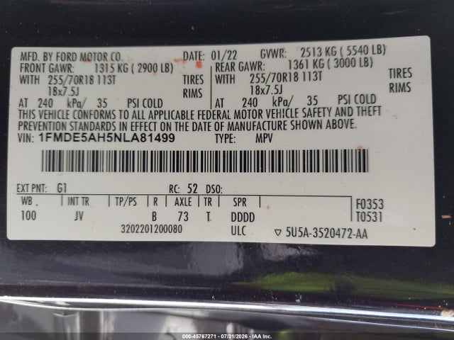 Aukcja sprzedaży 2022 Ford Bronco Outer Banks, vin: 1FMDE5AH5NLA81499, numer aukcji: 45767271