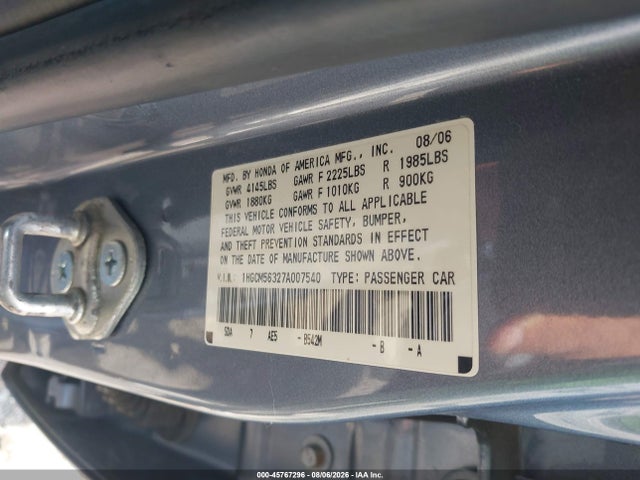 2007 Honda Accord 2.4 Se მანქანა იყიდება აუქციონზე, vin: 1HGCM56327A007540, აუქციონის ნომერი: 45767296