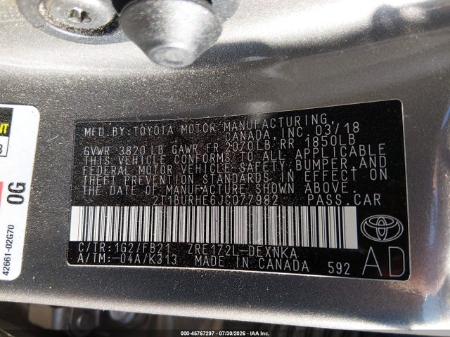 2T1BURHE6JC077982 Toyota COROLLA LE