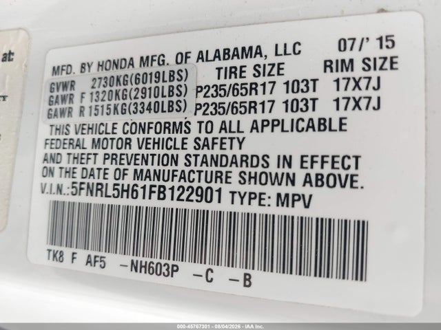 Honda Odyssey Ex-l 2015 5FNRL5H61FB122901 Image 9