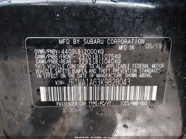 Auction sale of the 2019 Subaru Wrx, vin: JF1VA1A63K9828043, lot number: 45767308