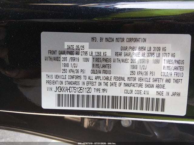 Aukcja sprzedaży 2025 Mazda Cx-90 3.3 Turbo Select Package, vin: JM3KKAHD7S1251120, numer aukcji: 45767319