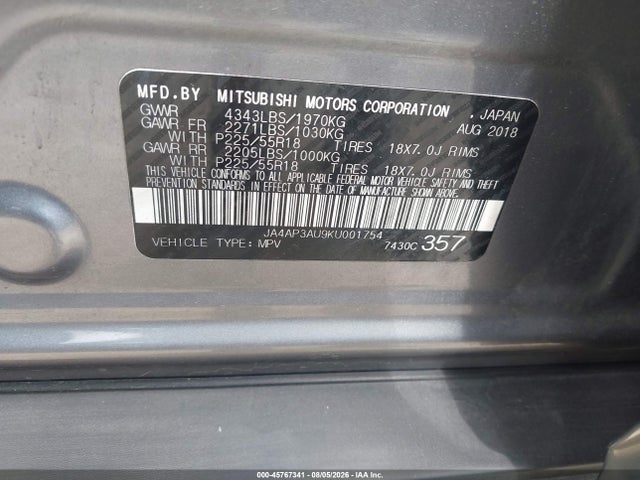 Aukcja sprzedaży 2019 Mitsubishi Outlander Sport 2.0 Es, vin: JA4AP3AU9KU001754, numer aukcji: 45767341