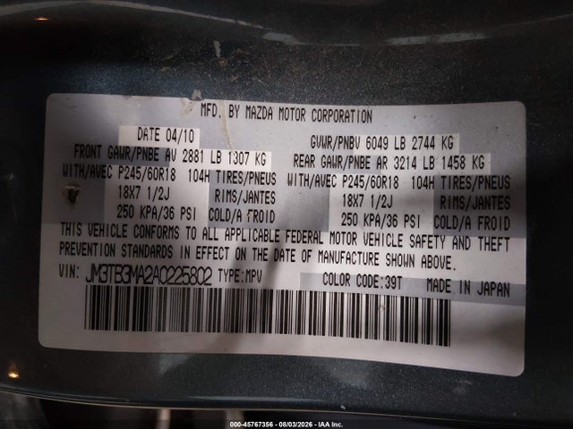Auction sale of the 2010 Mazda Cx-9 Touring, vin: JM3TB3MA2A0225802, lot number: 45767356