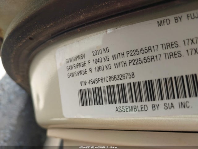2006 Subaru Outback 2.5i მანქანა იყიდება აუქციონზე, vin: 4S4BP61C866326758, აუქციონის ნომერი: 45767372