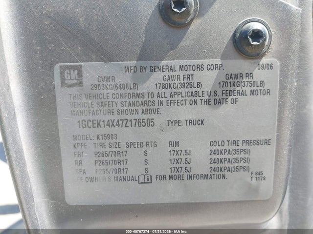 Aukcja sprzedaży 2007 Chevrolet Silverado 1500 Classic Work Truck, vin: 1GCEK14X47Z176505, numer aukcji: 45767374