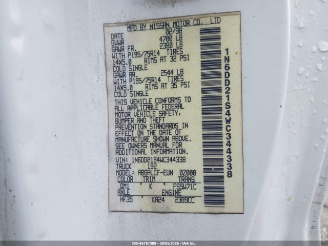 Продажа на аукционе авто 1998 Nissan Frontier Standard/xe, vin: 1N6DD21S4WC344338, номер лота: 45767388
