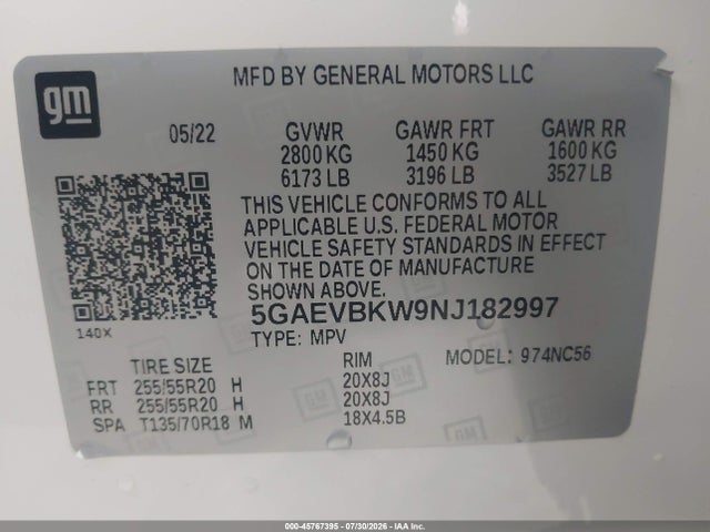 45767395 :رقم المزاد ، 5GAEVBKW9NJ182997 vin ، 2022 Buick Enclave Awd Premium مزاد بيع
