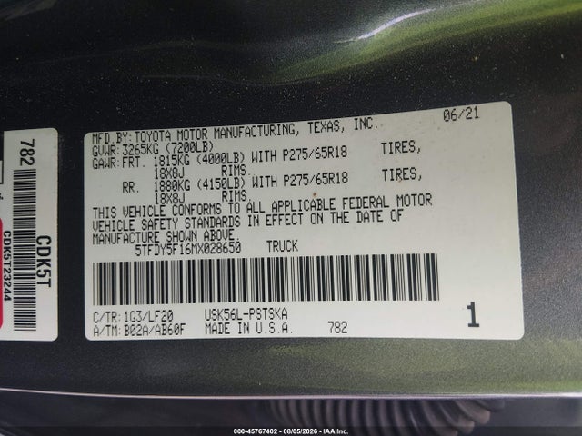 Продаж на аукціоні авто 2021 Toyota Tundra Trd Pro, vin: 5TFDY5F16MX028650, номер лоту: 45767402