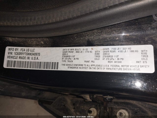 1C6SRFFT6NN340970 RAM 1500 Big Horn 4x4 5&#039;7 Box