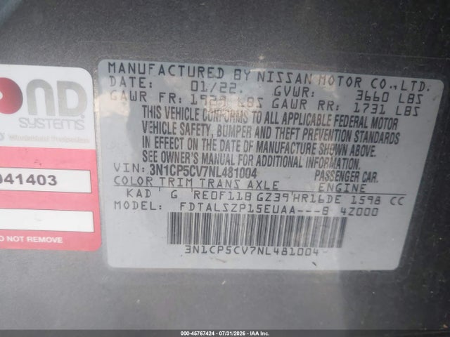 45767424 :رقم المزاد ، 3N1CP5CV7NL481004 vin ، 2022 Nissan Kicks Sv Xtronic Cvt مزاد بيع