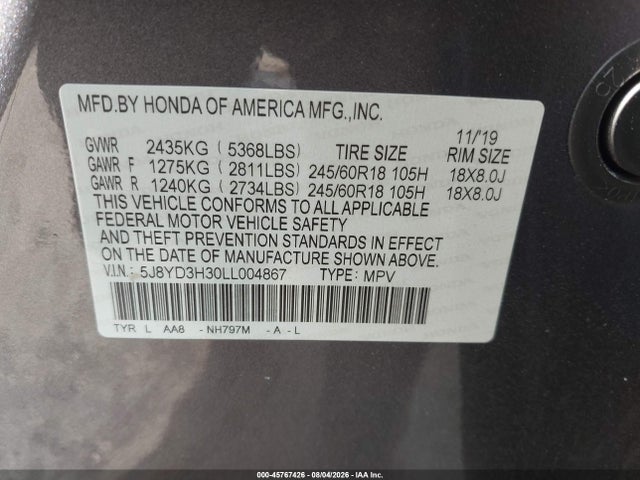Продаж на аукціоні авто 2020 Acura Mdx Standard, vin: 5J8YD3H30LL004867, номер лоту: 45767426