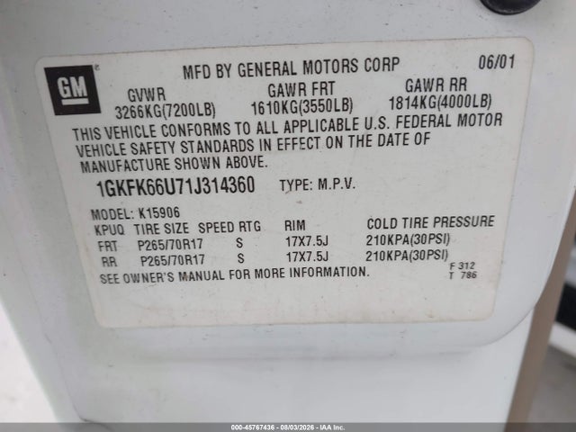 Продаж на аукціоні авто 2001 Gmc Yukon Xl 1500 Denali, vin: 1GKFK66U71J314360, номер лоту: 45767436