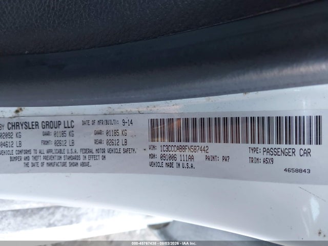 2015 Chrysler 200 Limited მანქანა იყიდება აუქციონზე, vin: 1C3CCCAB8FN587442, აუქციონის ნომერი: 45767438