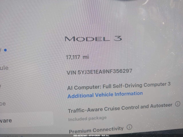 5YJ3E1EA9NF356297 Tesla Model 3 Rear-wheel Drive