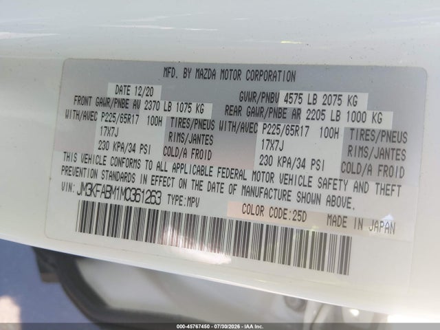 Aukcja sprzedaży 2021 Mazda Cx-5 Sport, vin: JM3KFABM1M0361263, numer aukcji: 45767450