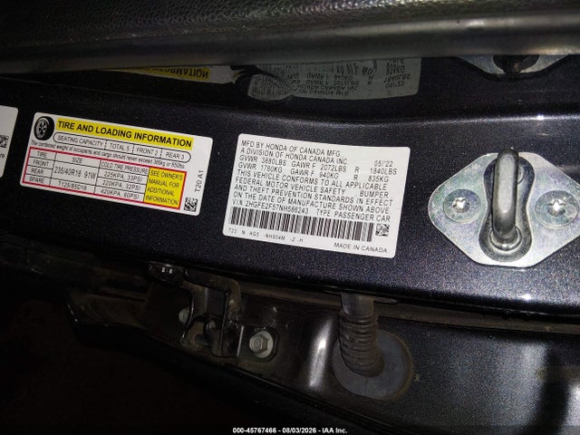 2022 Honda Civic Sport მანქანა იყიდება აუქციონზე, vin: 2HGFE2F57NH586243, აუქციონის ნომერი: 45767466