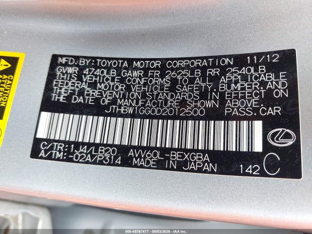 Продаж на аукціоні авто 2013 Lexus Es 300h, vin: JTHBW1GG0D2012500, номер лоту: 45767477