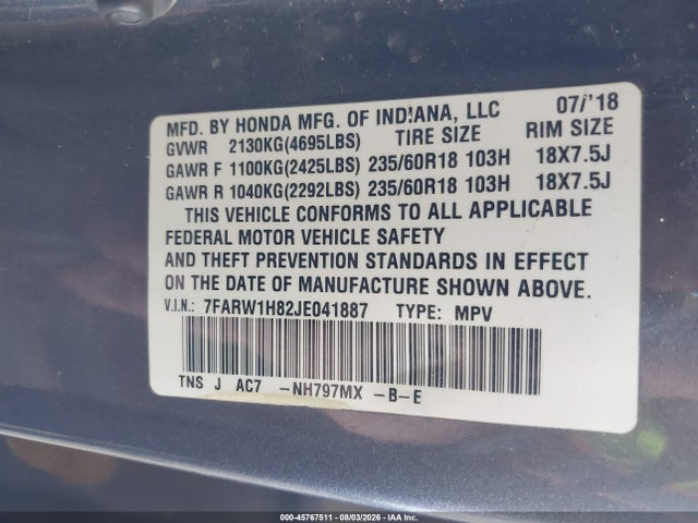 7FARW1H82JE041887 Honda Cr-v Ex-l/ex-l Navi