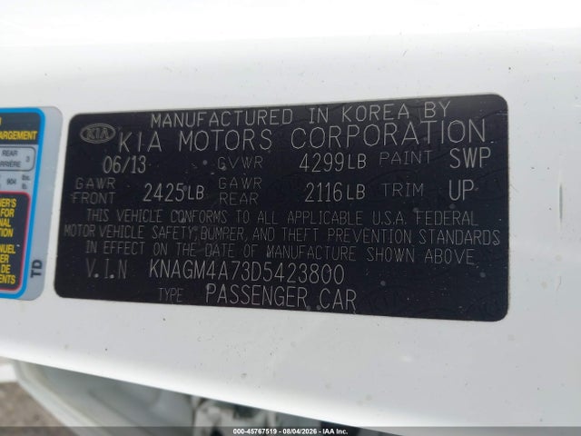 2013 Kia Optima Lx მანქანა იყიდება აუქციონზე, vin: KNAGM4A73D5423800, აუქციონის ნომერი: 45767519