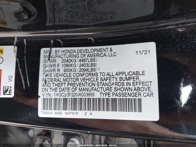 45767520 :رقم المزاد ، 1HGCV3F22NA003669 vin ، 2022 Honda Accord Hybrid Sport مزاد بيع