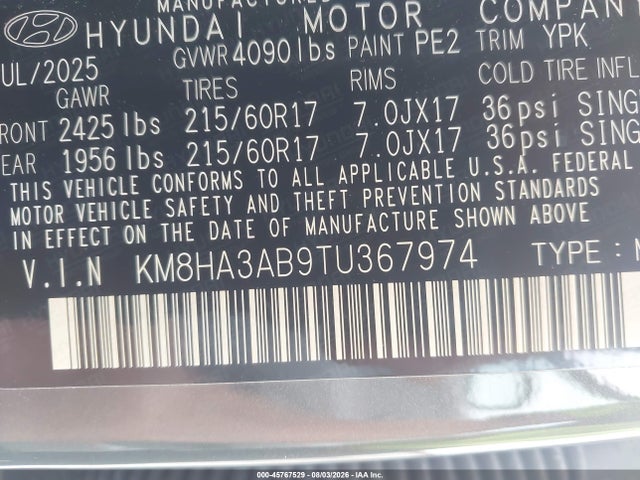 45767529 :رقم المزاد ، KM8HA3AB9TU367974 vin ، 2026 Hyundai Kona Se مزاد بيع