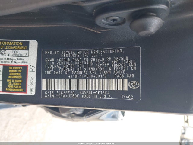45767539 :رقم المزاد ، 4T1BF1FK0HU400176 vin ، 2017 Toyota Camry Se مزاد بيع