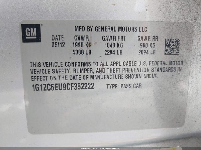 2012 Chevrolet Malibu 1lt მანქანა იყიდება აუქციონზე, vin: 1G1ZC5EU9CF352222, აუქციონის ნომერი: 45767541