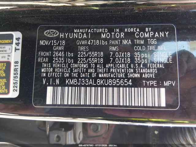 2019 Hyundai Tucson Sel მანქანა იყიდება აუქციონზე, vin: KM8J33AL8KU895654, აუქციონის ნომერი: 45767563