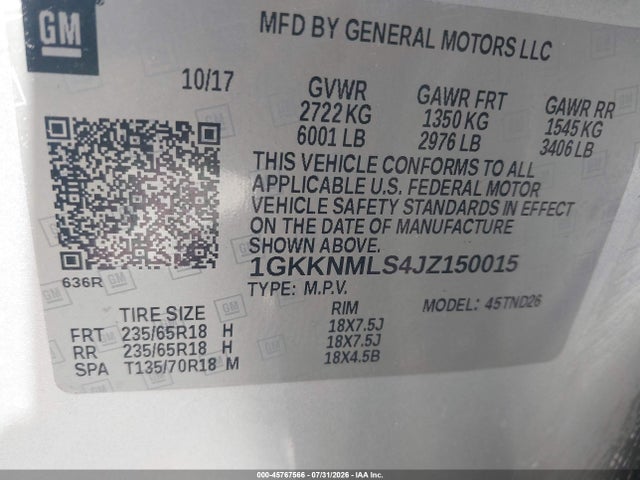 2018 Gmc Acadia Slt-1 მანქანა იყიდება აუქციონზე, vin: 1GKKNMLS4JZ150015, აუქციონის ნომერი: 45767566