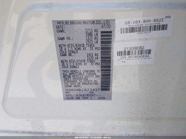 Nissan Pathfinder S 4wd 2020 5N1DR2AM8LC623417 Image 9