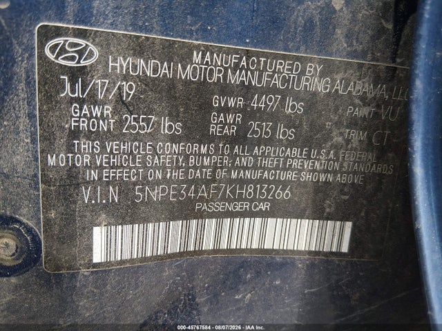45767584 :رقم المزاد ، 5NPE34AF7KH813266 vin ، 2019 Hyundai Sonata Sport مزاد بيع