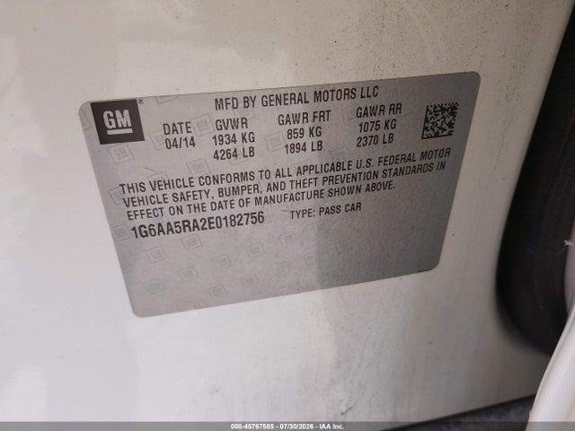 45767585 :رقم المزاد ، 1G6AA5RA2E0182756 vin ، 2014 Cadillac Ats Standard مزاد بيع