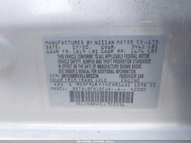 Продажа на аукционе авто 2020 Nissan Versa S 5-speed Manual Transmission, vin: 3N1CN8BVXLL903336, номер лота: 45767595