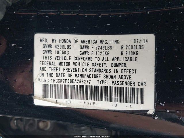 2014 Honda Accord Lx მანქანა იყიდება აუქციონზე, vin: 1HGCR2F38EA288272, აუქციონის ნომერი: 45767597