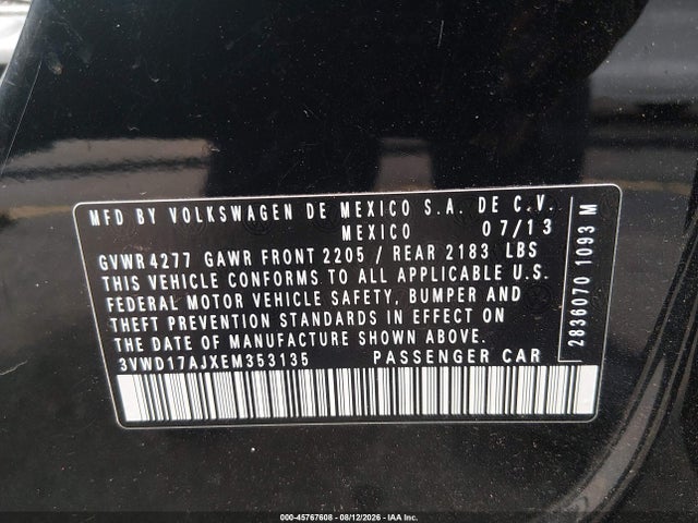 2014 Volkswagen Jetta 1.8t Se მანქანა იყიდება აუქციონზე, vin: 3VWD17AJXEM353135, აუქციონის ნომერი: 45767608