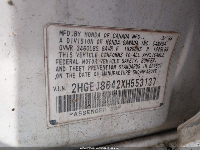 Продажа на аукционе авто 1999 Honda Civic Ex, vin: 2HGEJ8642XH553137, номер лота: 45767611