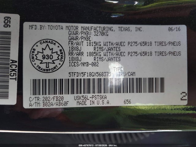 45767613 :رقم المزاد ، 5TFDY5F18GX568375 vin ، 2016 Toyota Tundra Sr5 5.7l V8 مزاد بيع