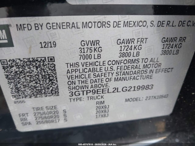 Продажа на аукционе авто 2020 Gmc Sierra 1500 4wd  Short Box At4, vin: 3GTP9EEL2LG219983, номер лота: 45767618
