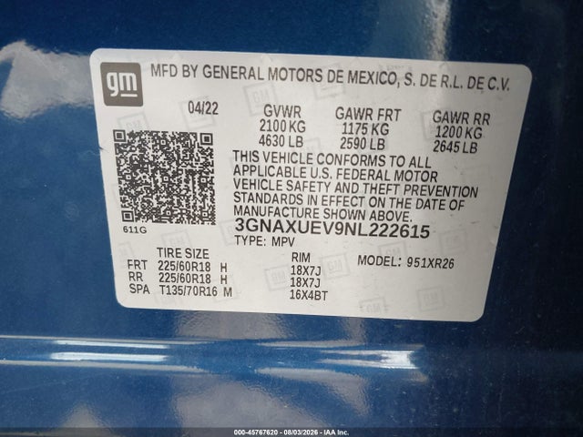 3GNAXUEV9NL222615 Chevrolet Equinox Awd Lt