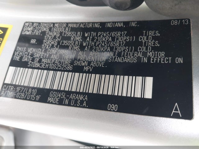 Aukcja sprzedaży 2013 Toyota Highlander Se V6, vin: 5TDBK3EH1DS252586, numer aukcji: 45767622