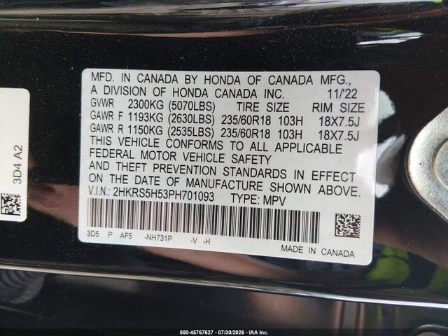 Продажа на аукционе авто 2023 Honda Cr-v Hybrid Sport, vin: 2HKRS5H53PH701093, номер лота: 45767627