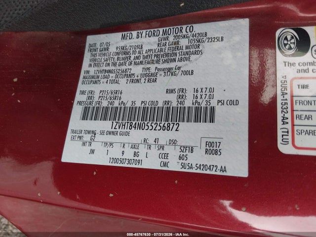 45767630 :رقم المزاد ، 1ZVHT84N055256872 vin ، 2005 Ford Mustang مزاد بيع