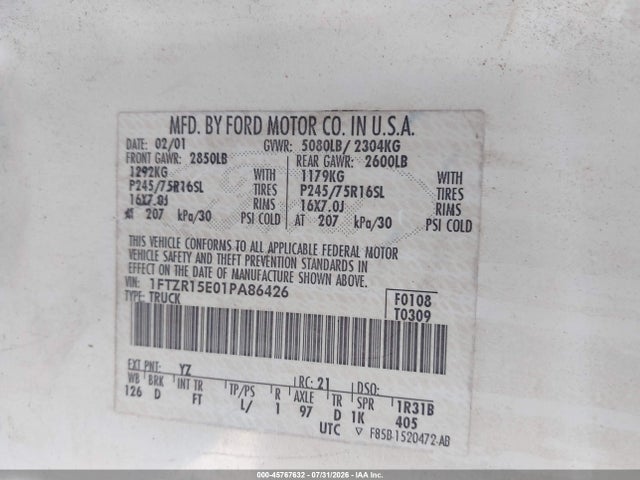 45767632 :رقم المزاد ، 1FTZR15E01PA86426 vin ، 2001 Ford Ranger Edge/xlt مزاد بيع